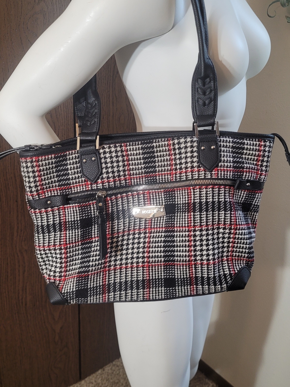 Rosetti Black White and Red Plaid Tote